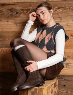 Online Stivali tacco 3cm camoscio testa Donna Stivali Tacco Basso